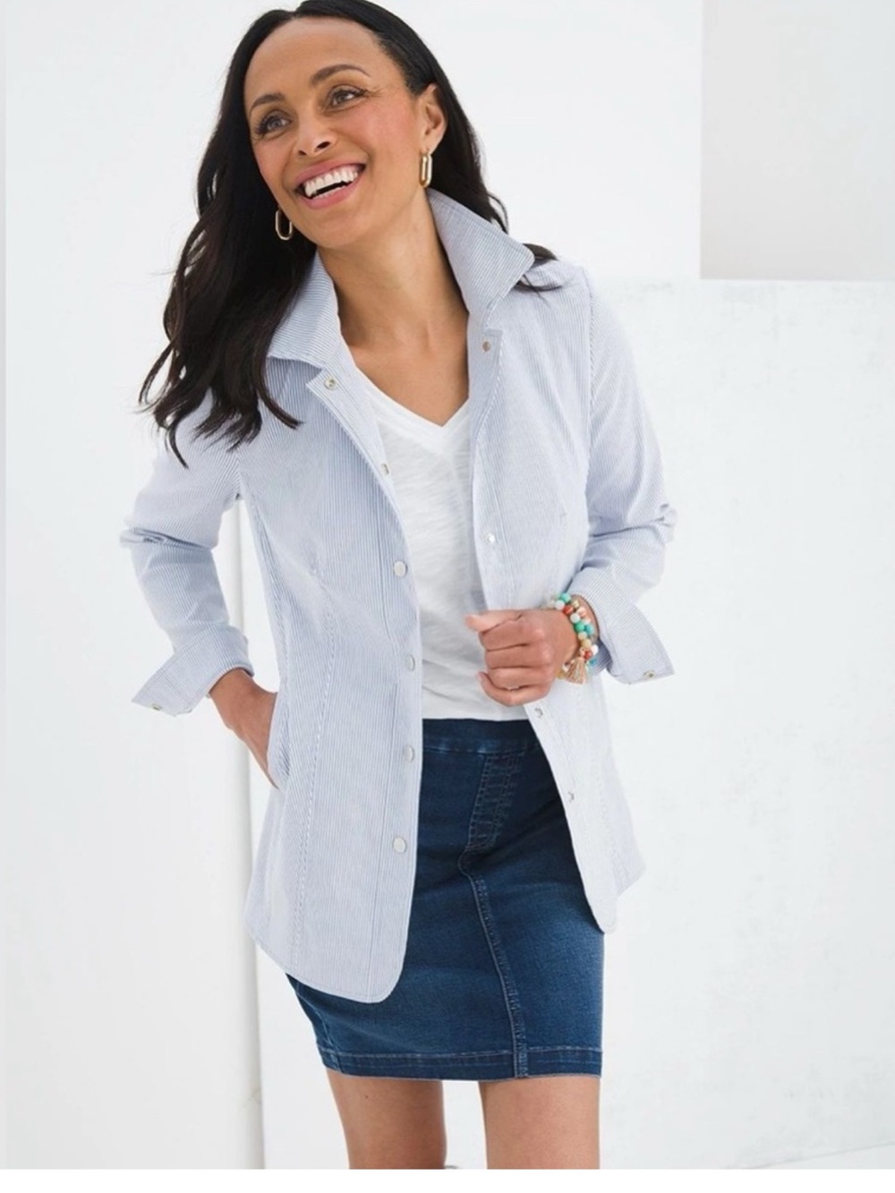 Chico's Pinstripe Snap Front Lightweight Blazer Size 12/14